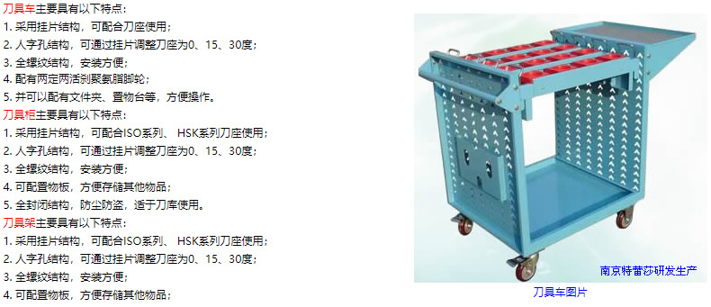 刀具車主要具有以下特點： 1. 采用掛片結構，可配合刀座使用； 2. 人字孔結構，可通過掛片調整刀座為0、15、30度； 3. 全螺紋結構，安裝方便； 4. 配有兩定兩活剎聚氨脂腳輪； 5. 并可以配有文件夾、置物臺等，方便操作。 刀具柜主要具有以下特點： 1. 采用掛片結構，可配合ISO系列、 HSK系列刀座使用； 2. 人字孔結構，可通過掛片調整刀座為0、15、30度； 3. 全螺紋結構，安裝方便； 4. 可配置物板，方便存儲其他物品； 5. 全封閉結構，防塵防盜，適于刀庫使用。 刀具架主要具有以下特點： 1. 采用掛片結構，可配合ISO系列、 HSK系列刀座使用； 2. 人字孔結構，可通過掛片調整刀座為0、15、30度； 3. 全螺紋結構，安裝方便； 4. 可配置物板，方便存儲其他物品；